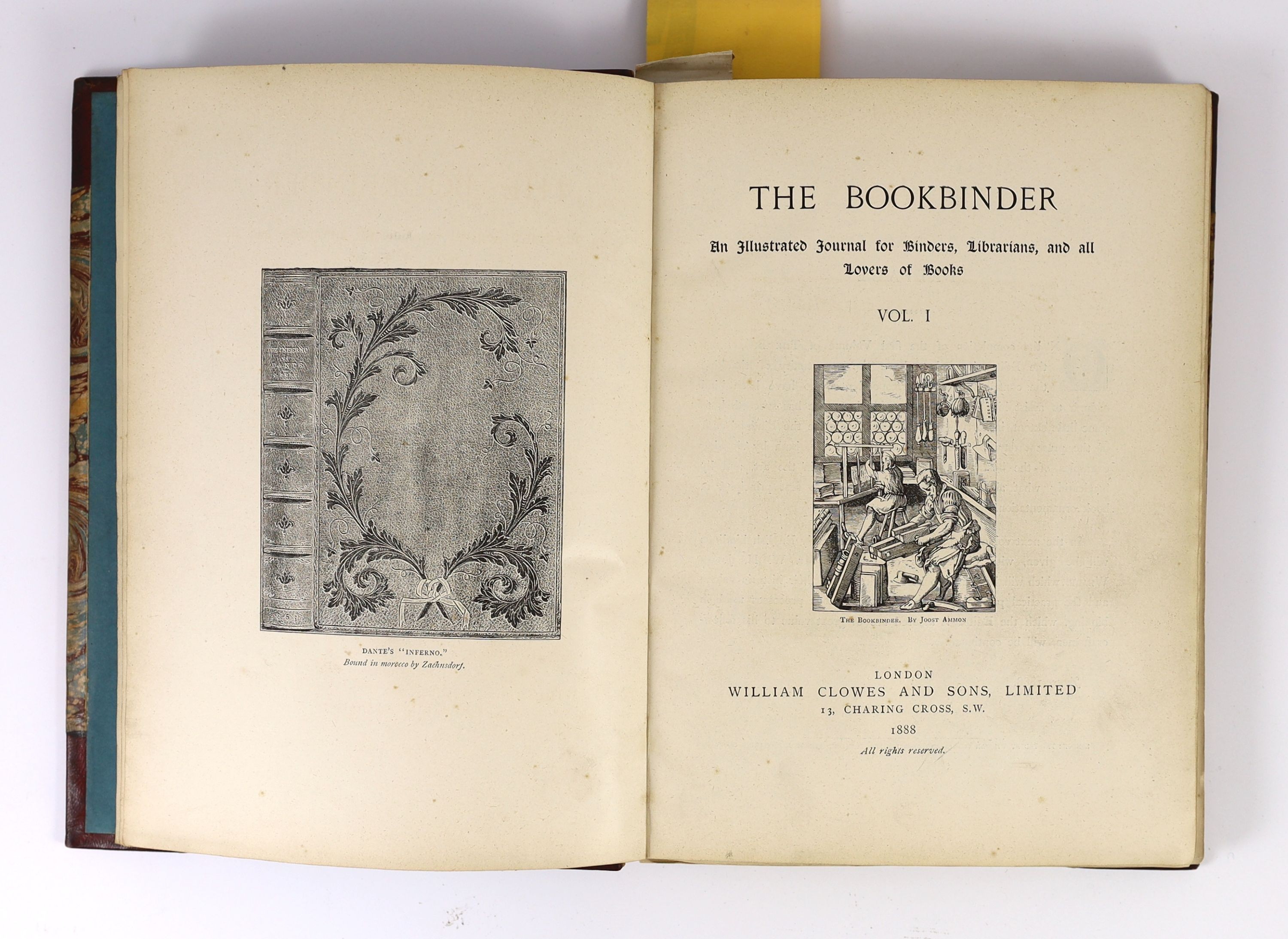 Bookbinder - The Bookbinder. An Illustrated Journal for Binders, Librarians, and all Lovers of Books, vol. 1 only, half morocco, with marbled boards, one plate loose, William Clowes and Sons, Ltd; London, 1888